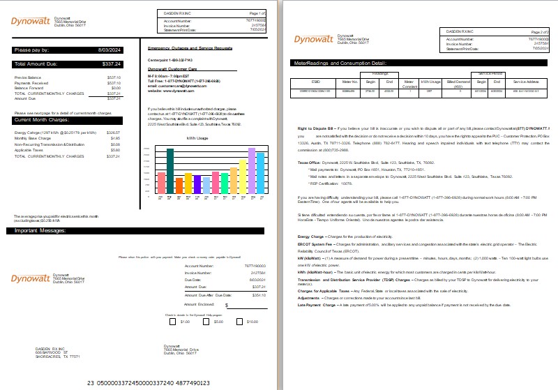 New York Dynowatt electricity business utility bill Word and PDF formats, 2 pages
